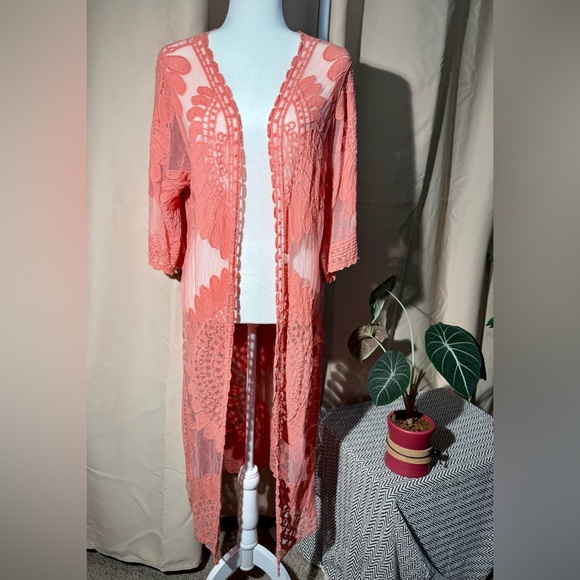 Rebellion Again Coral Pink Sheer Lace Maxi Duster Cardigan - Medium - NWT - Picture 5 of 11